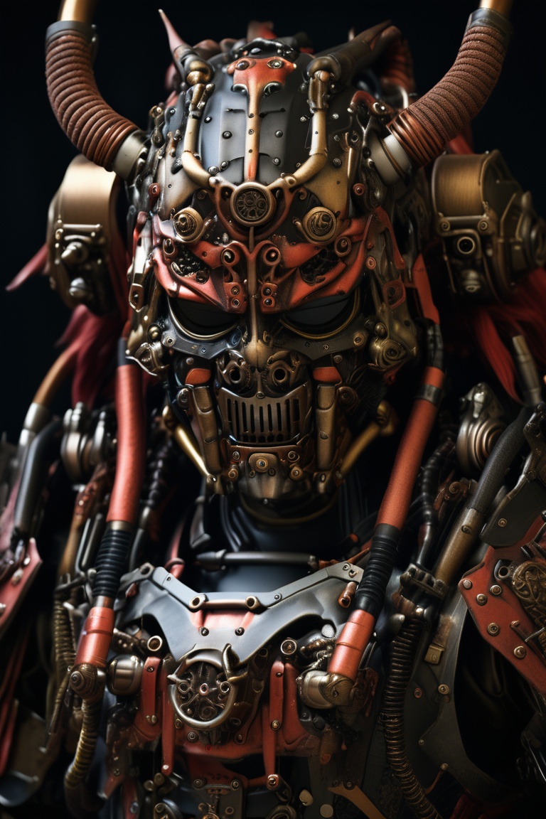 samurai, japanese armor, portrait, robot, machinery, cable, pipe, science fiction, mecha, oni face mask, black background, masterpiece, best quality, aesthetic, realistic, raw photo, 