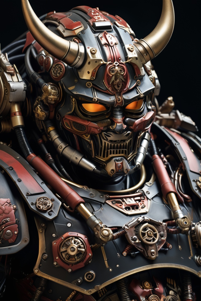 samurai, japanese armor, portrait, robot, machinery, cable, pipe, science fiction, mecha, oni face mask, horns, lying on side, black background, masterpiece, best quality, aesthetic, realistic, raw photo, 