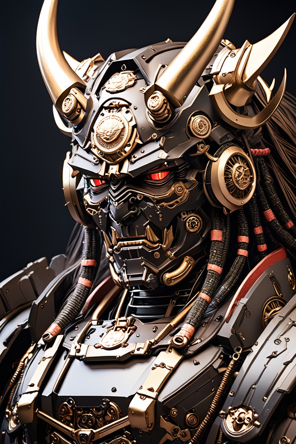 samurai robot, machine, portrait, horns, 
black background, masterpiece, best quality, realistic, raw photo, 