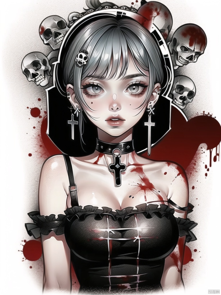 qzcsws, 1girl, blood, choker, grey hair, stitches, short hair, cross, grey eyes, solo, hair ornament, breasts, jewelry, skull, cat, earrings, looking at viewer, white background, dress, black dress, strap slip, skull hair ornament, blood on face, black choker, collarbone, upper body