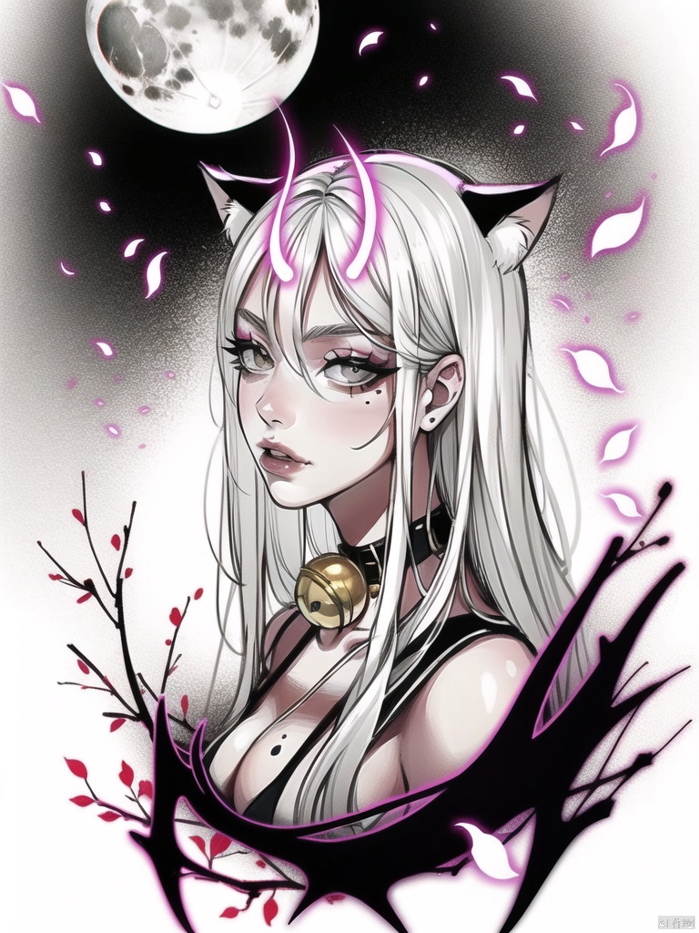 qzcsws, solo, 1girl, animal ears, bell, long hair, horns, white hair, neck bell, branch, white eyes, mole, mole under eye, white background, grey eyes, jingle bell, hair between eyes, looking at viewer, petals, makeup, collar, cat ears, upper body, moon, parted lips