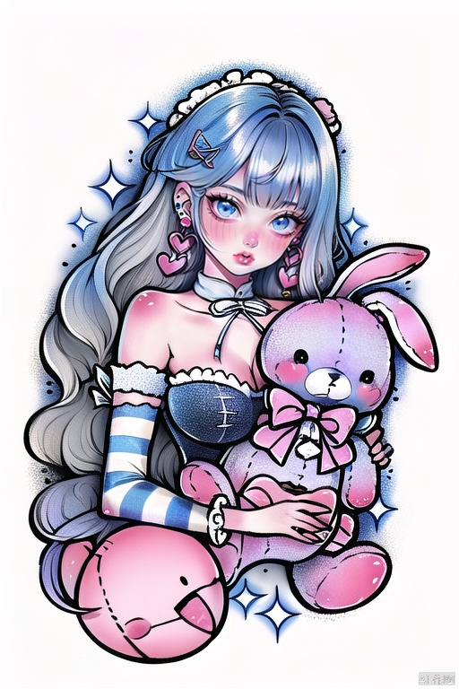  qzcsws, 1girl, stuffed toy, stuffed animal, solo, long hair, stuffed bunny, jewelry, hair ornament, bow, earrings, ribbon, holding stuffed toy, blue eyes, grey hair, heart, breasts, looking at viewer, detached sleeves, striped, white background, upper body, holding, blush, beads, pink bow, bangs