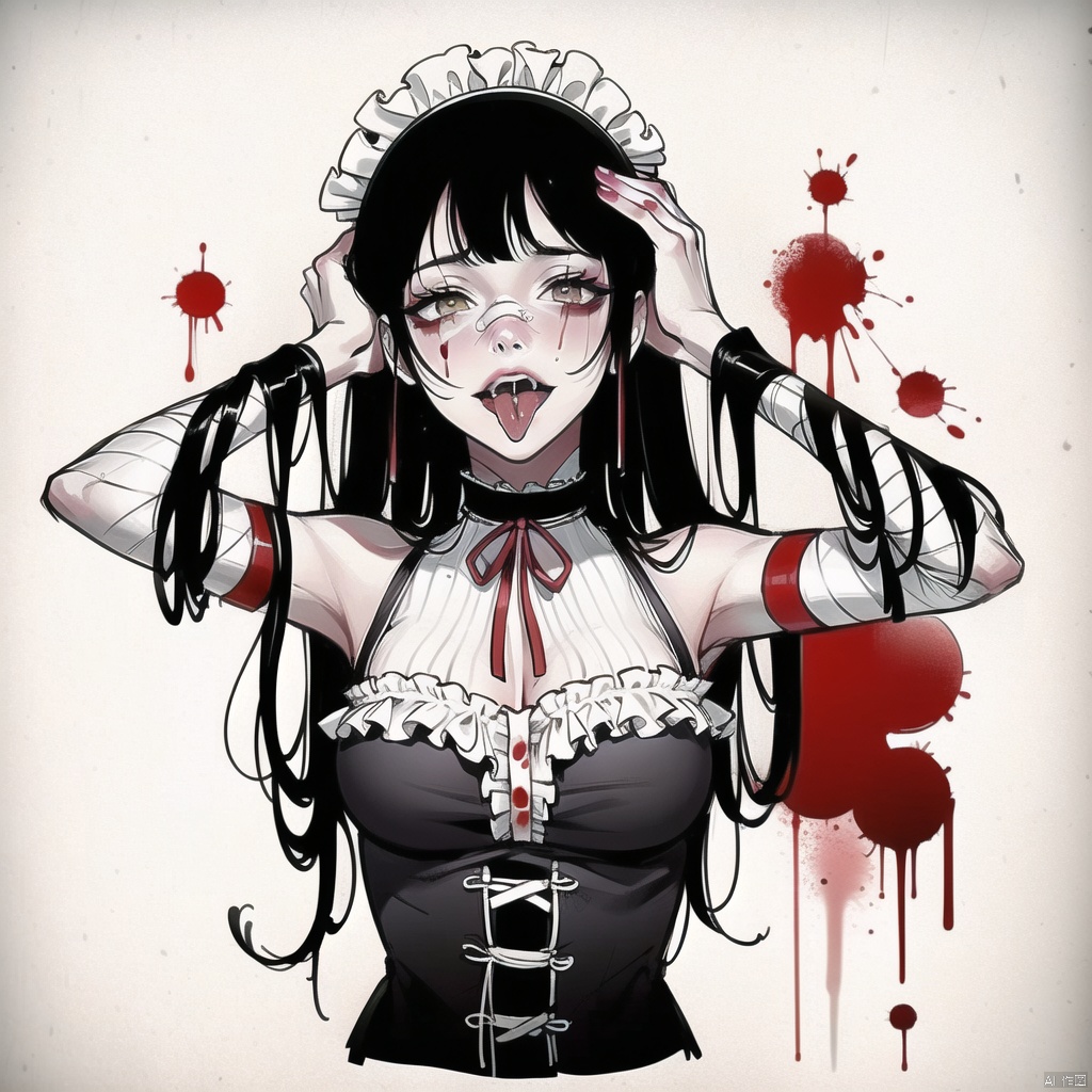 qzcsws, 1girl, solo, blood, long hair, bandages, black hair, hands on own head, open mouth, tongue, maid, fangs, choker, bangs, multicolored hair, maid headdress, bandaged arm, upper body, frills, tongue out, looking at viewer
