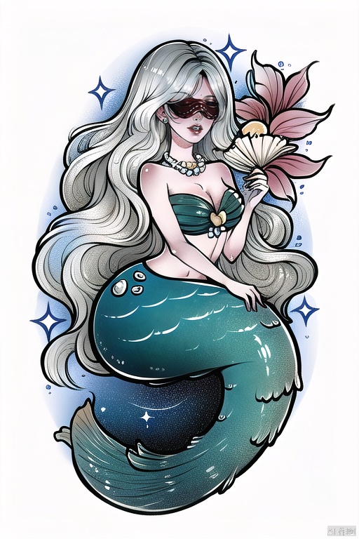  qzcsws, 1girl, monster girl, long hair, solo, mermaid, shell, shell bikini, starfish, white background, necklace, blindfold, very long hair, jewelry, breasts, grey hair, star \(symbol\), simple background, seashell, pearl \(gemstone\), flower, full body, bubble, pearl necklace, parted lips, sitting, holding