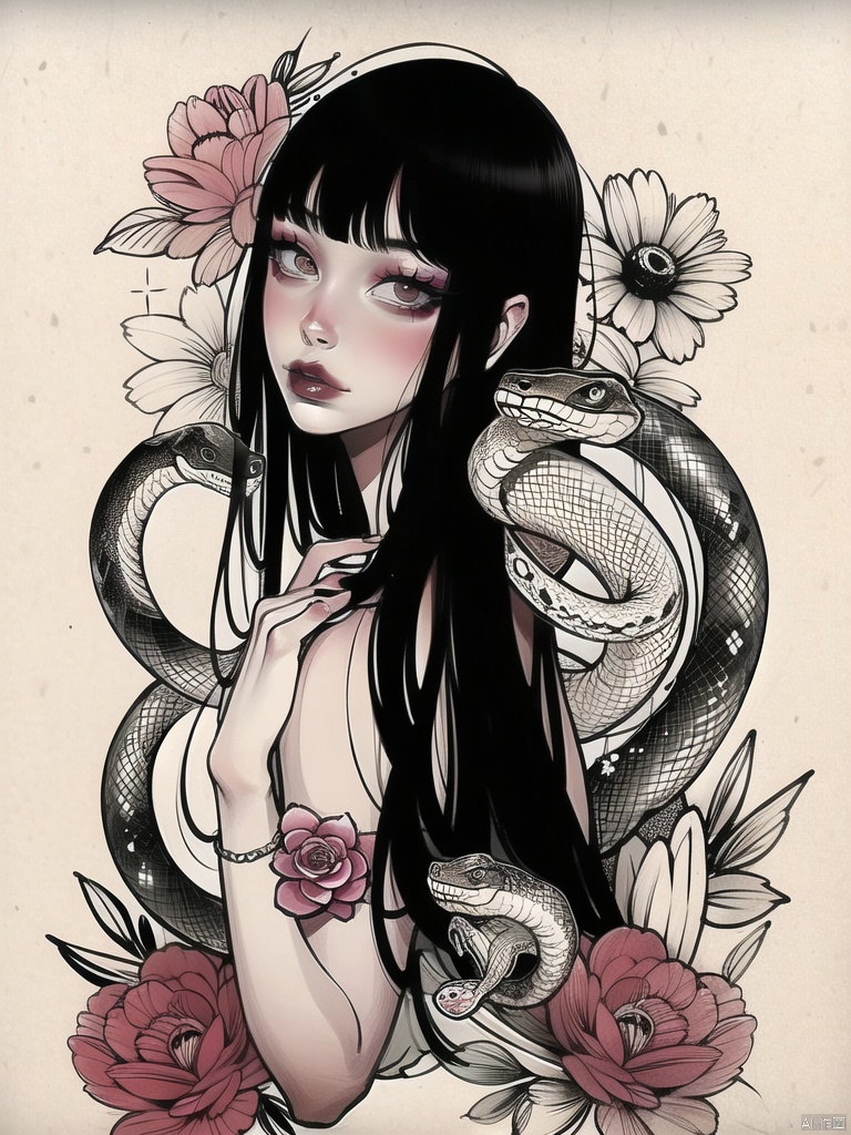 qzcsws, 1girl, black hair, solo, flower, snake, long hair, bangs, looking at viewer, signature, makeup