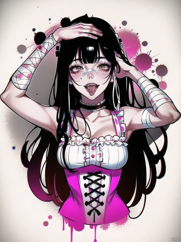  qzcsws, 1girl, solo, blood, long hair, bandages, black hair, hands on own head, open mouth, tongue, maid, fangs, choker, bangs, multicolored hair, maid headdress, bandaged arm, upper body, frills, tongue out, looking at viewer