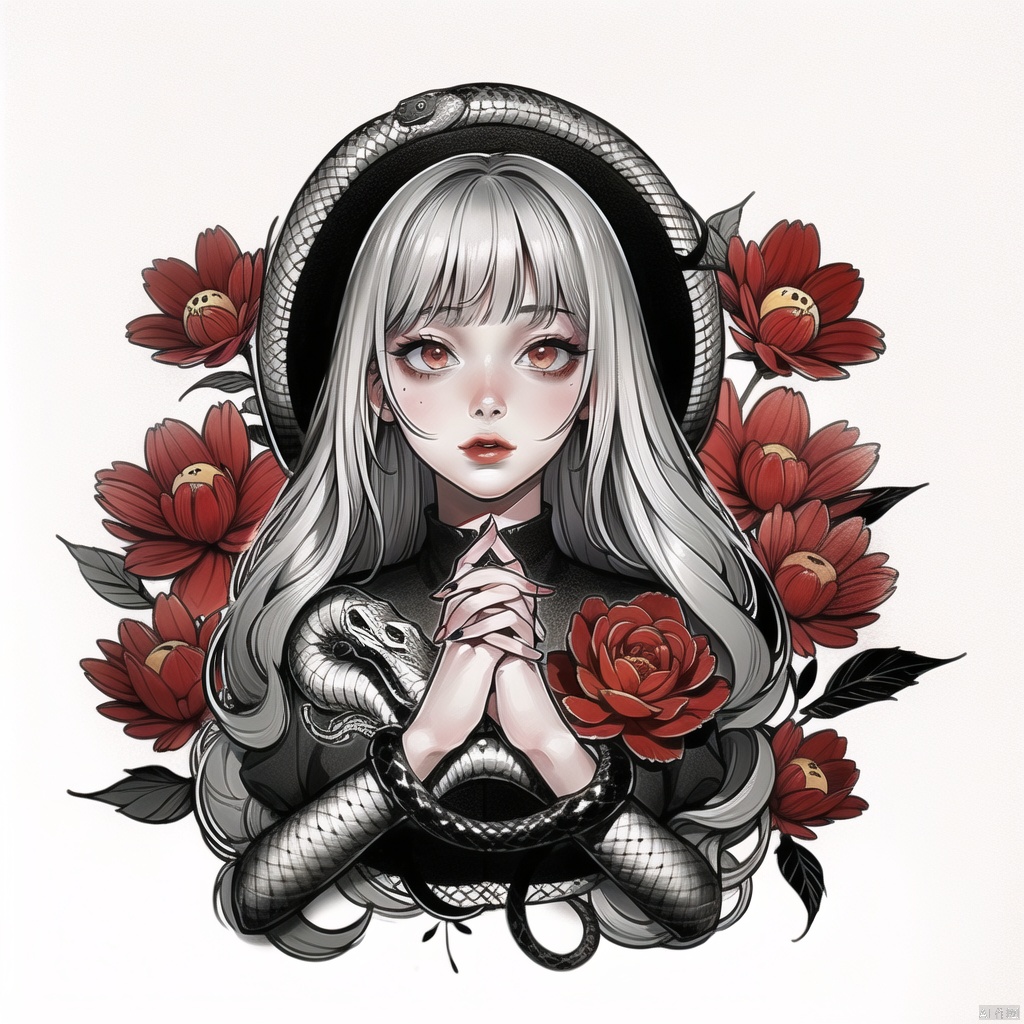 qzcsws, 1girl, snake, long hair, flower, own hands together, solo, white background, grey hair, simple background, upper body, red flower, looking at viewer, red lips, bangs, own hands clasped
