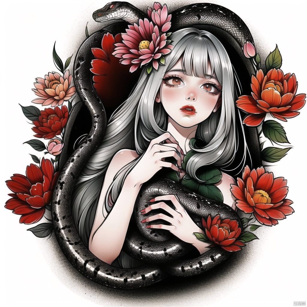 qzcsws, 1girl, snake, long hair, flower, own hands together, solo, white background, grey hair, simple background, upper body, red flower, looking at viewer, red lips, bangs, own hands clasped