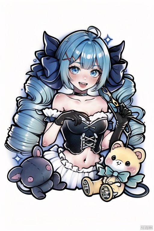  qzcsws, 1girl, long hair, twin drills, bangs, drill hair, bow, ahoge, black bow, blush, holding, twintails, solo, hair bow, grey dress, gloves, scissors, dress, bare shoulders, teeth, upper teeth only, oversized object, black gloves, stuffed toy, shiny hair, smile, hair ornament, stuffed animal, open mouth, simple background, puffy short sleeves, holding scissors, shiny, collarbone, puffy sleeves, short sleeves, x hair ornament, blue hair, black dress, green eyes, navel, white background, blue eyes, :d, looking at viewer, strapless, frills, detached sleeves, green hair