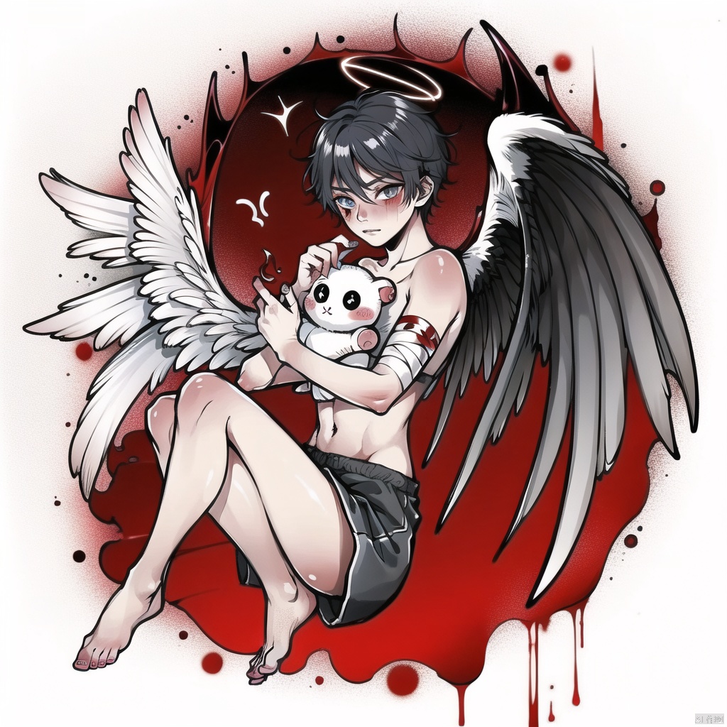 qzcsws, wings, black hair, angel wings, angel, blood, stuffed toy, halo, barefoot, 1boy, stuffed animal, white background, short hair, demon wings, shorts, male focus, solo, feathered wings, holding, bandages, simple background, blush, white wings