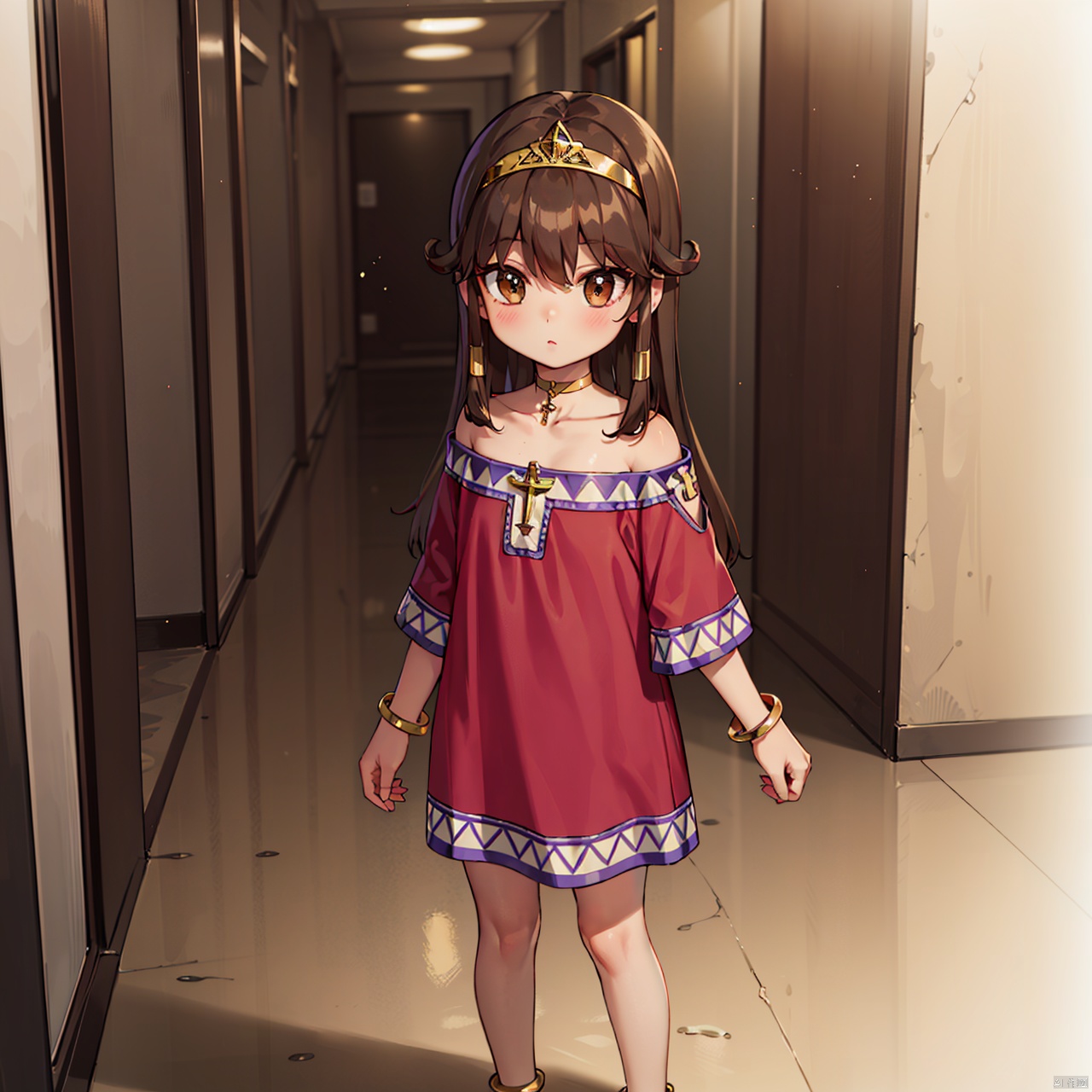 masterpiece, bestquality, Sera, 1girl, little girl, solo, long hair, brown hair, dress, bare shoulders, brown eyes, jewelry, choker, dark skin, bracelet, dark-skinned female, tiara, anklet, egyptian, Standing,