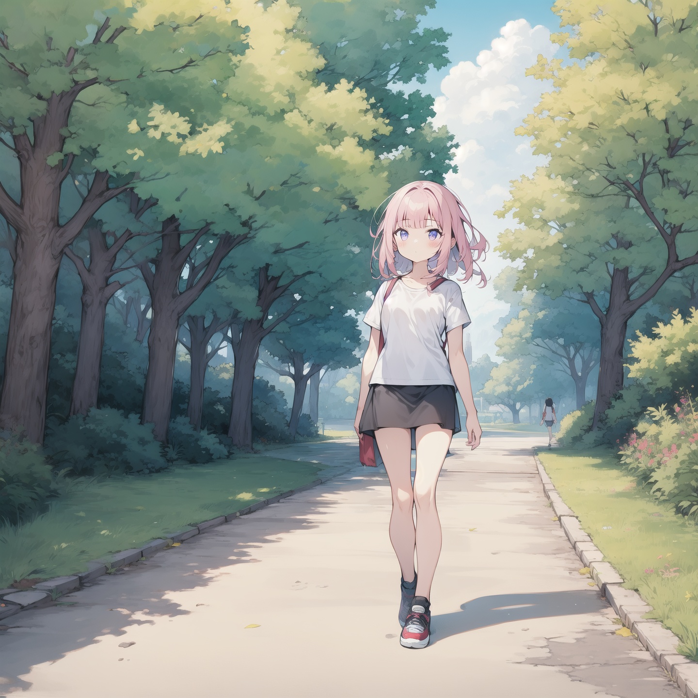 <lora:mine:1>,1 Girl in blue t-shirt and skirt walking on a park trail