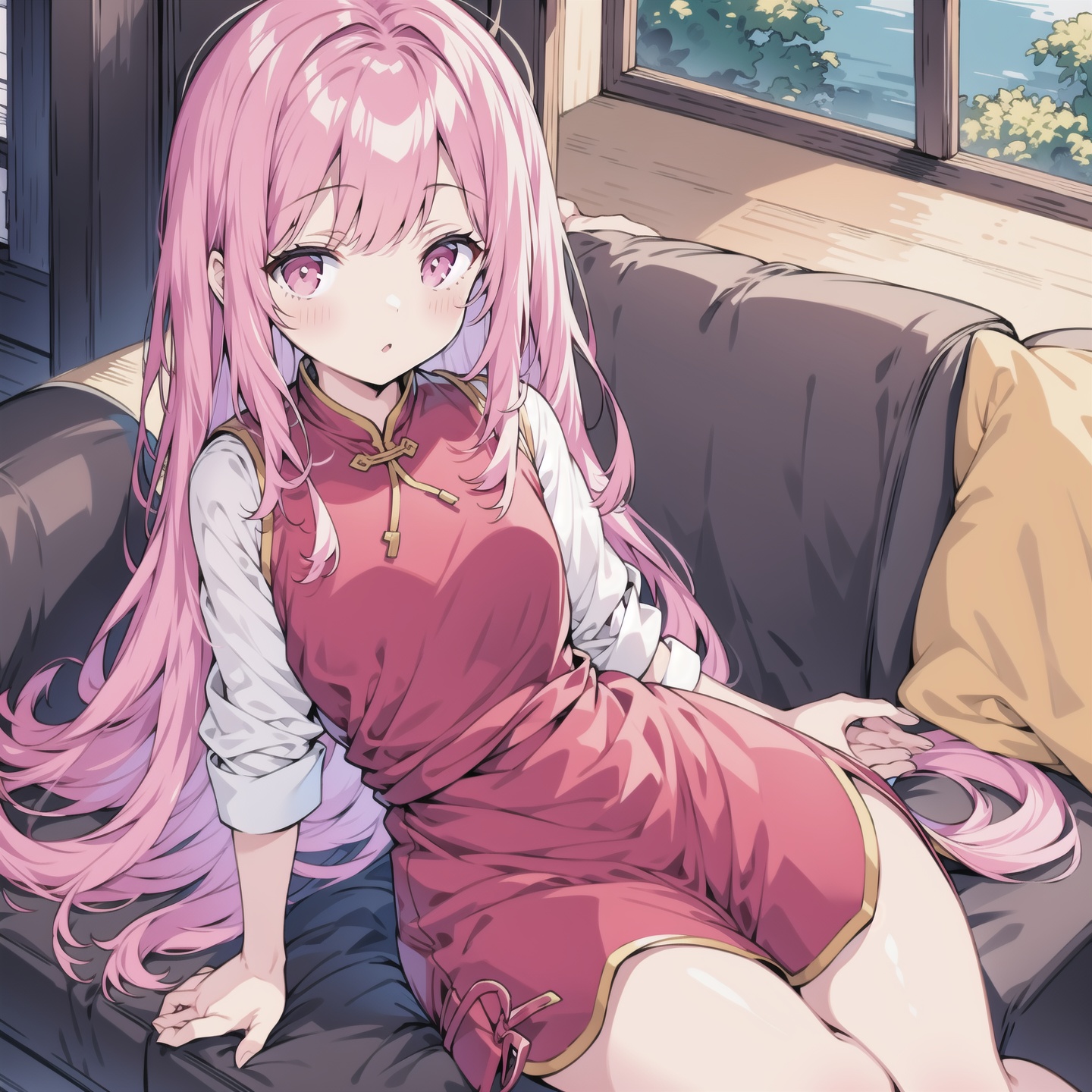<lora:mine:1>,1girl, solo, long hair, pink hair, Sitting on a couch in a cheongsam, hips, back