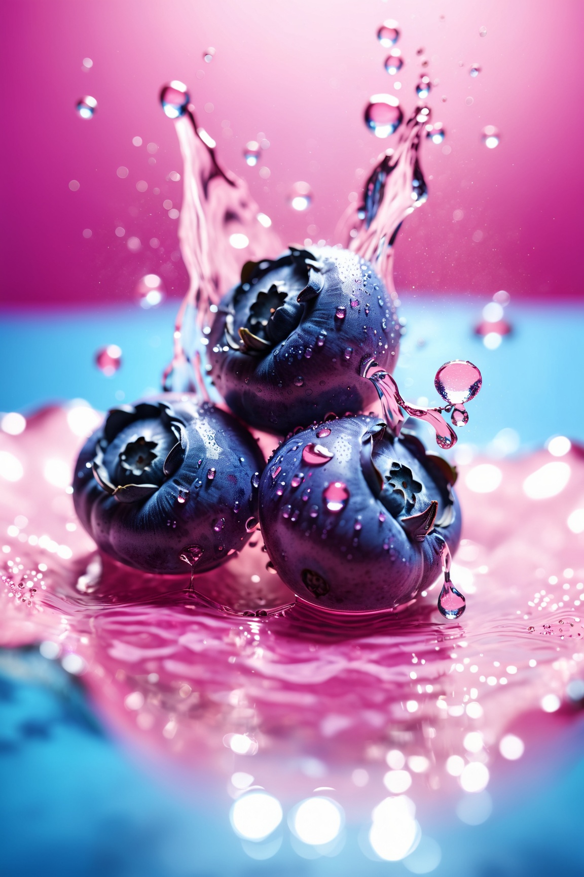 refreshing,  vibrant glowing 3 blueberries,  floating in the water on Tensor.Art
