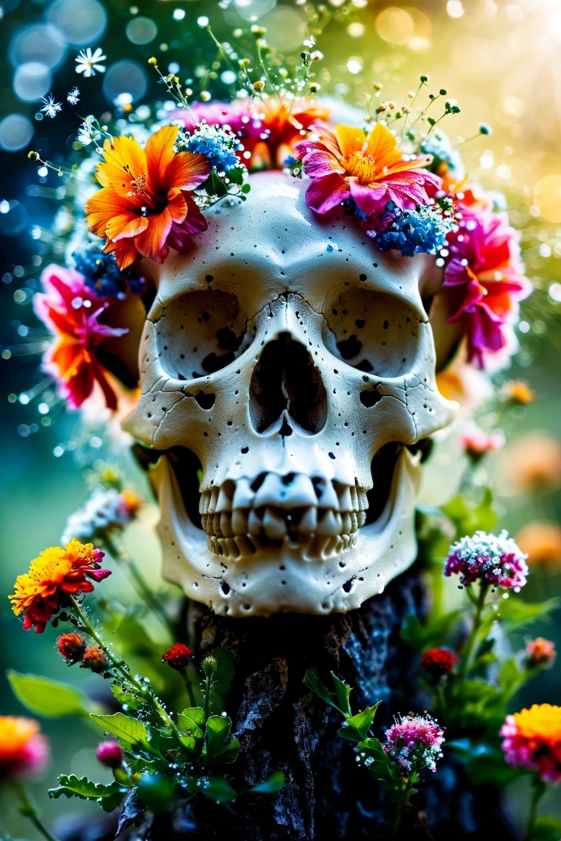 Macro photopgraphy,  skull with an explosion of flowers,  bokeh on Tensor.Art