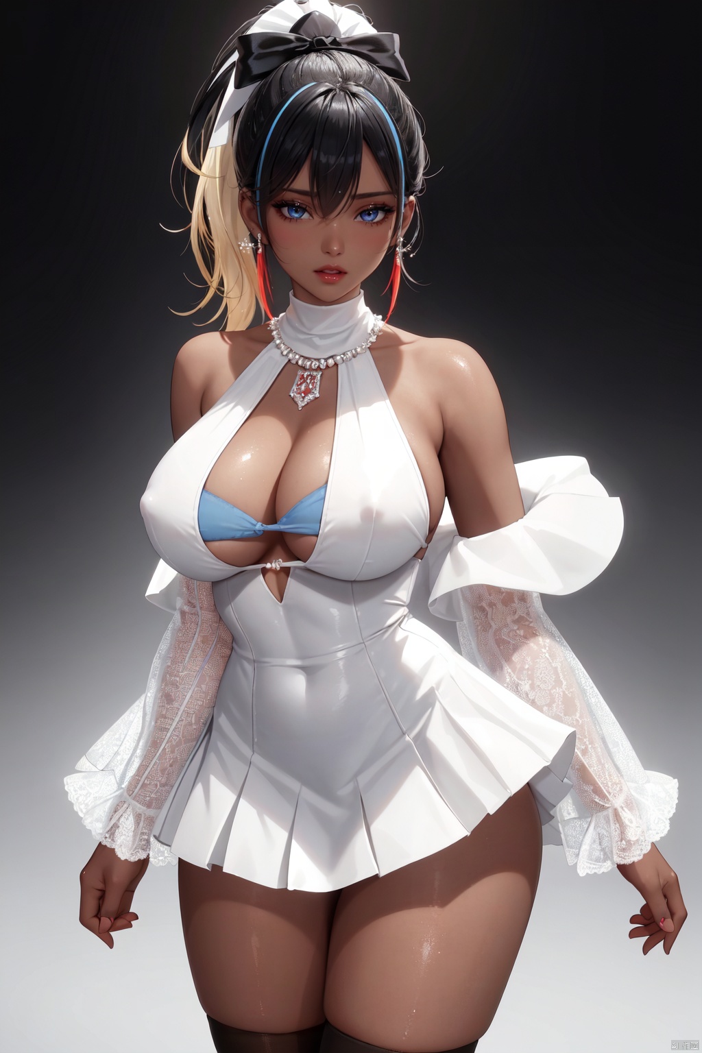 Realistic style, cinematic work, 8K wallpaper, masterpiece, very realistic quality, best quality, masterpiece, high-level, high-resolution,,,Edge lighting, dual tone lighting, soft lighting, The illuminated surface of the material has bright spots and highlights, which flicker and have a mirror effect when reflected, There are sparkling spots on the armor,,,1 girl, mature female, solo, full body, looking at viewer, lace, strong rim light, Standard proportion of female body, golden proportion of female body,,,Standing, standing posture, Sexy full body standing posture,,,,(nupyisi, 1girl, long hair, dark skin, blue eyes, ponytail, black hair, blonde hair, bangs, multicolored hair, shiny skin, hair bow, hair ribbon, two-tone hair, very long hair, dark-skinned female, high ponytail, hair between eyes, breasts, large breasts, socks, thighs, parted lips, long sleeves, kneehighs, dress, short dress, white footwear, shiny, flower, black socks, bow, clothing cutout, white dress, see-through, ribbon, covered navel, cleavage, covered nipples, underboob, sidelocks, smile,breasts, large breasts, socks, thighs, parted lips, long sleeves, kneehighs, dress, short dress, white footwear, shiny, flower, black socks, bow, clothing cutout, white dress, see-through, ribbon, covered navel, cleavage, covered nipples, underboob, sidelocks, cowboy lens,:1.2),,bare shoulders, off shoulder, black hairband, bikini bottom only, short dress, swimsuit, pleated dress, bikini, floating hair, blush, ass visible through thighs, skirt,White high-heeled shoes,:1.2),,,colorful,(detailed skin: 1.3), (detailed face: 1.3),clear focus,delicate,(mature women: 1.2),(glossy skin+glossy skin: 1.4),(sweating: 1.1),(big_eyes),red_ eyeshadow,long_ Eyelashes, red lips,,,simple background, grey background,,,(Diamond hair accessories, diamond necklaces, diamond earrings, diamond earrings, clothes embedded with diamonds, armor embedded with diamonds,:1.3),, nupyisi<lora:EMS-328443-EMS:0.220000>