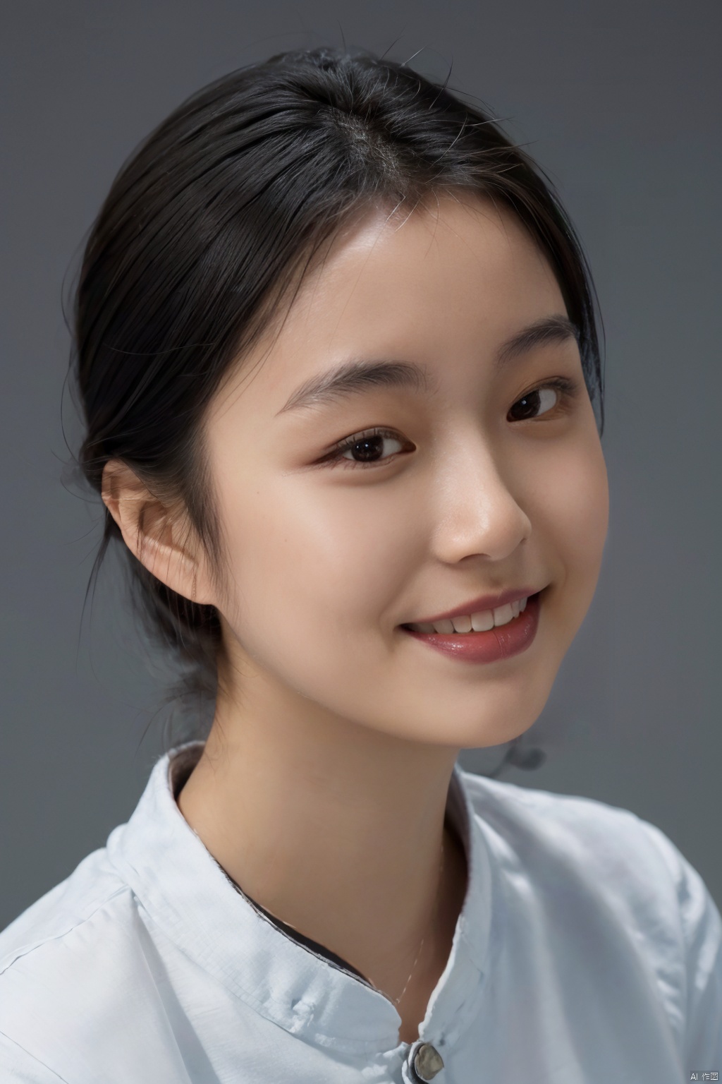  (close up portrait of a woman of east asian descent),happy and smile expression, looking at camera, slight stubble, dark hair with undercut hairstyle, clean skin, brown eyes, wearing dark shirt, soft lighting, gray background, shallow depth of field, high-resolution image, studio shot, headshot, photographic realism., masterpiece, best quality, aunt, 1girl, girl