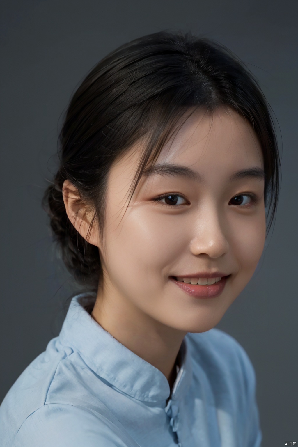  (close up portrait of a woman of east asian descent),happy and smile expression, looking at camera, slight stubble, dark hair with undercut hairstyle, clean skin, brown eyes, wearing dark shirt, soft lighting, gray background, shallow depth of field, high-resolution image, studio shot, headshot, photographic realism., masterpiece, best quality, aunt, 1girl, girl