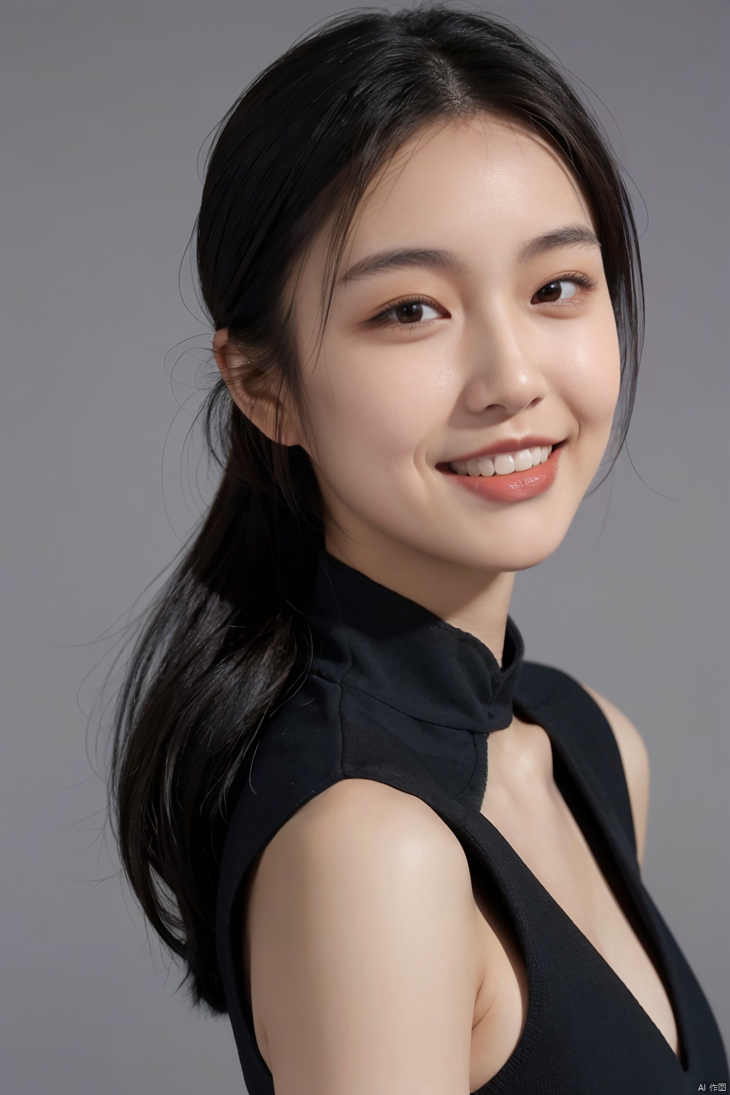  (close up portrait of a woman of east asian descent),happy and smile expression, looking at camera, slight stubble, dark hair with undercut hairstyle, clean skin, brown eyes, wearing dark shirt, soft lighting, gray background, shallow depth of field, high-resolution image, studio shot, headshot, photographic realism., masterpiece, best quality, aunt, 1girl, girl