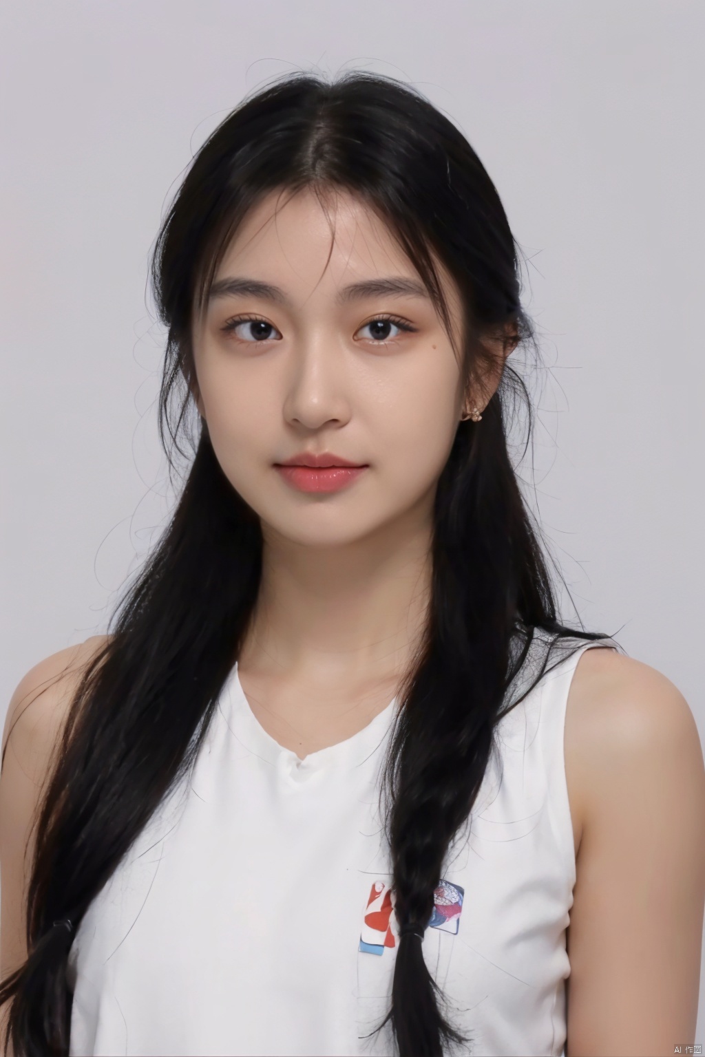 1girl, earrings, solo, jewelry, realistic, upper_body, long_hair, lips, sleeveless, black_eyes, nose, looking_at_viewer, shirt,White background( chiaroscuro,Fujicolor, UHD, super detail ,raw,85mm,f/1.2,FujifilmXT4,)