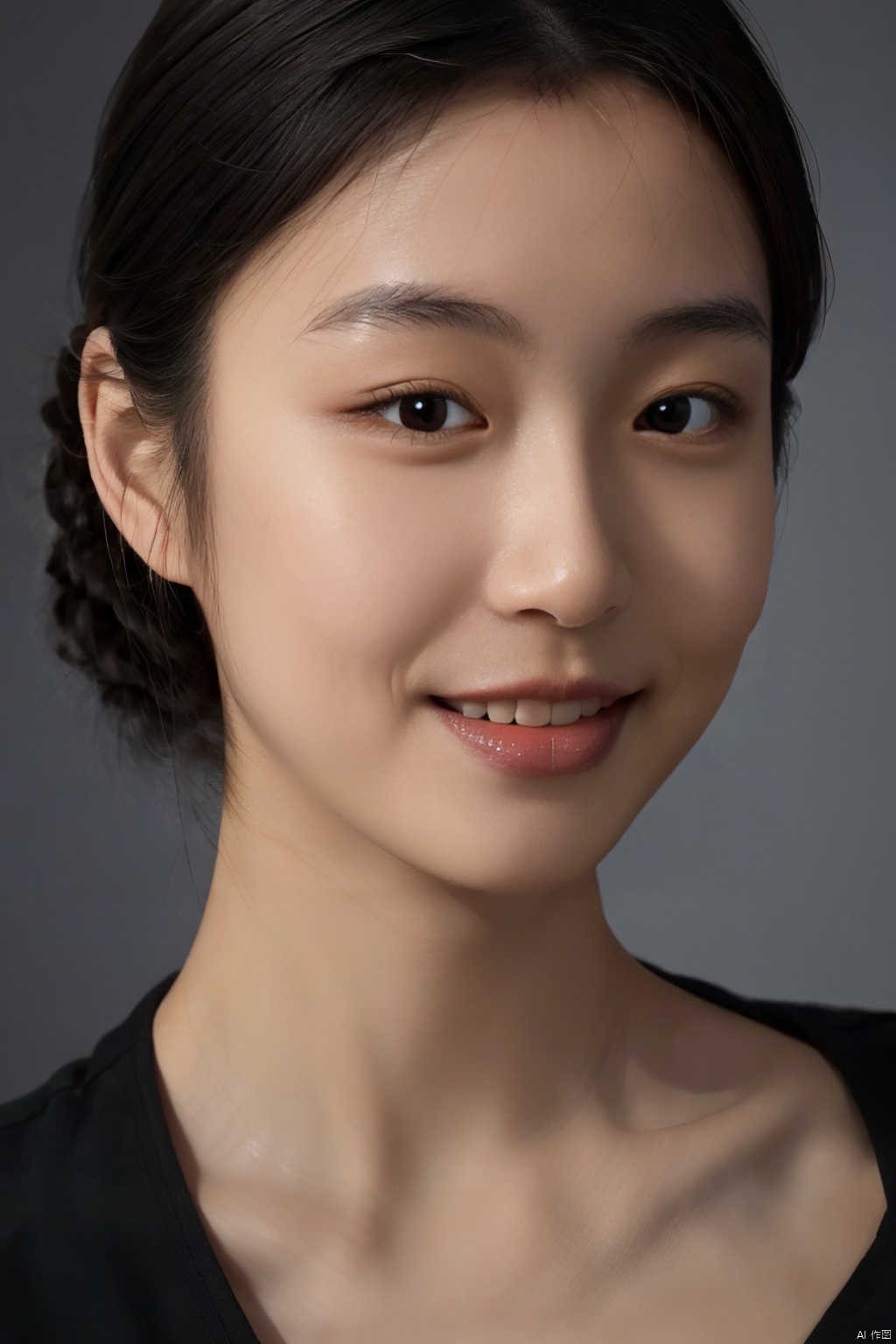  (close up portrait of a woman of east asian descent),happy and smile expression, looking at camera, slight stubble, dark hair with undercut hairstyle, clean skin, brown eyes, wearing dark shirt, soft lighting, gray background, shallow depth of field, high-resolution image, studio shot, headshot, photographic realism., masterpiece, best quality, aunt, 1girl, girl