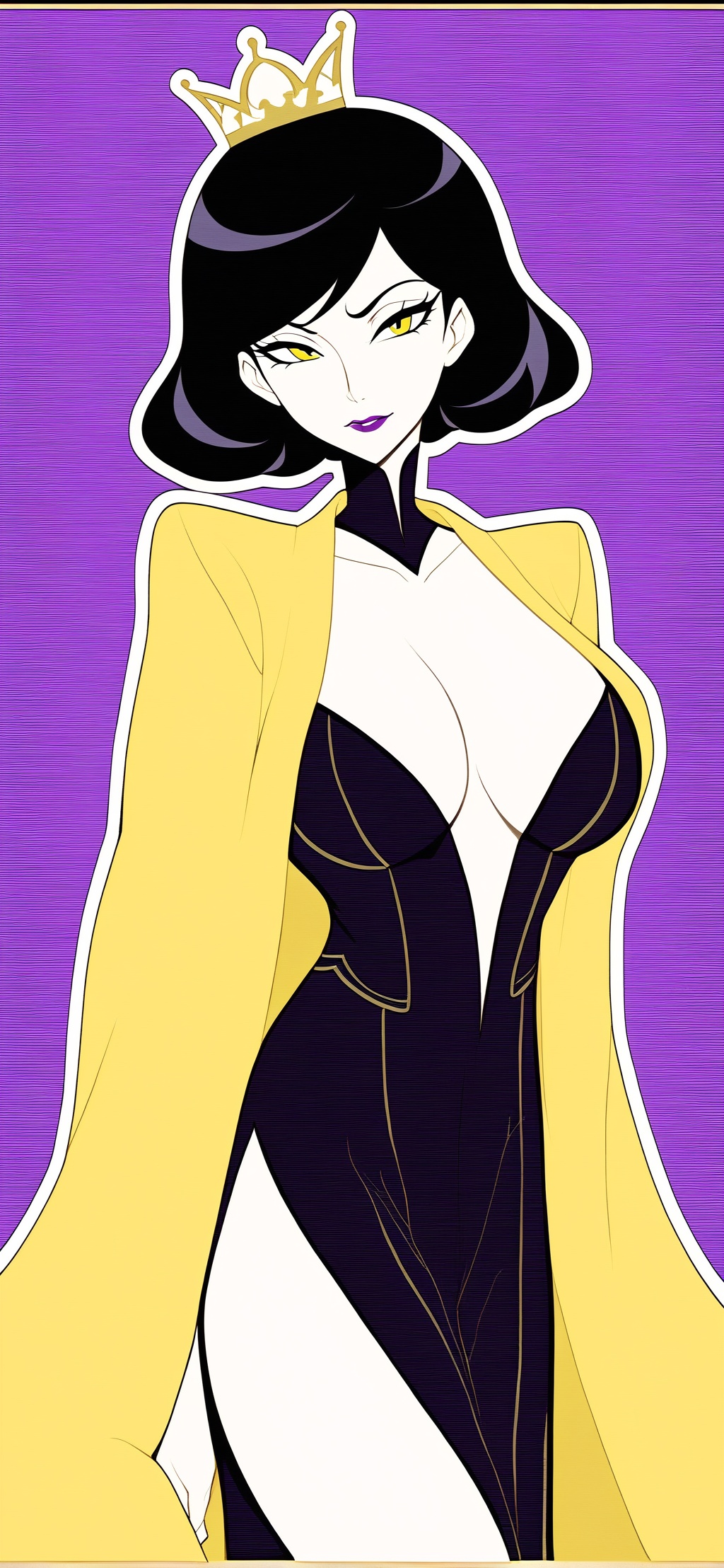 DrMrsTheMonarch from Venture Bros wearing a loose black and yellow bath robe,  strong jawline,  purple eyeshadow on Tensor...