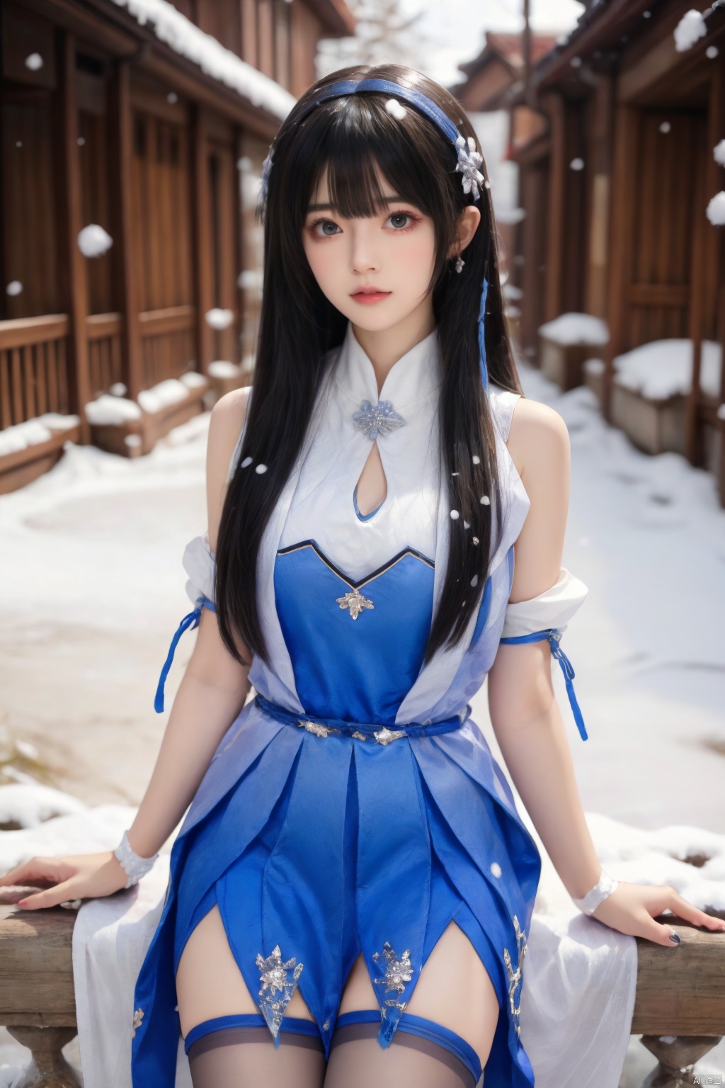  1girl,,cowboy shot,,(black stockings),,sit,,,from front,,,,,,,,,,,,ray tracing,{best quality}, {{masterpiece}}, {highres}, original, extremely detailed 8K wallpaper, {an extremely delicate and beautiful},,incredibly_absurdres,colorful,intricate detail,,,,,,,,,,,,,,snowflakes,falling_snow,snowing,l,,,,,,,,,,,,,,,,,,,,,, , , a girl,dress,moyou
