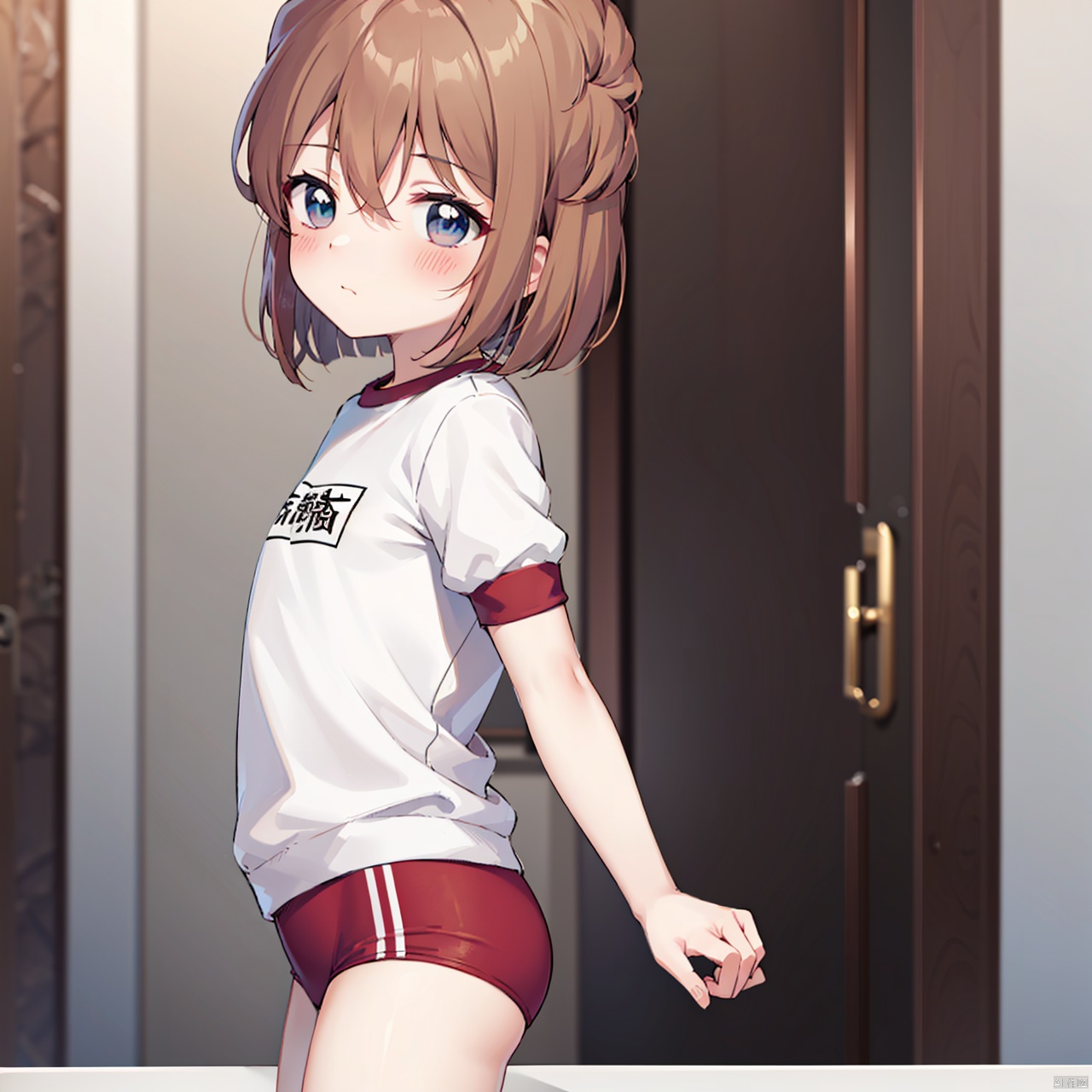  masterpiece, bestquality, haibara ai, 1girl, solo, looking at viewer, blush, short hair, bangs, blue eyes, brown hair, shirt, hair between eyes, standing, white shirt, short sleeves, cowboy shot, from side, bob cut, gym uniform, buruma, red buruma, shirt tug,