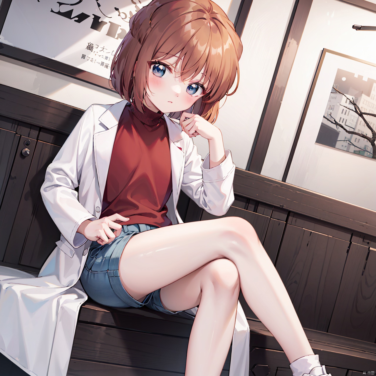  masterpiece, bestquality, haibara ai, 1girl, solo, looking at viewer, short hair, bangs, blue eyes, brown hair, shirt, long sleeves, sitting, shoes, shorts, looking back, orange hair, coat, crossed legs, red shirt, labcoat, white coat,
