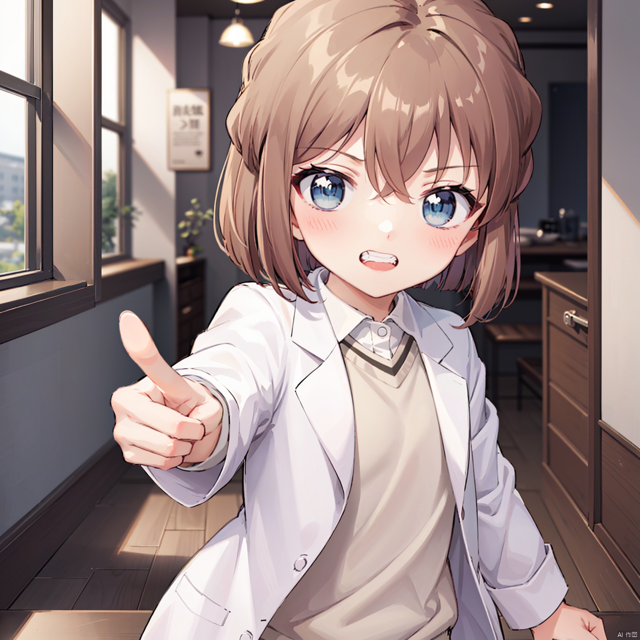  masterpiece, bestquality, haibara ai, 1girl, solo, looking at viewer, short hair, bangs, blue eyes, brown hair, long sleeves, hair between eyes, teeth, pointing, clenched teeth, labcoat, pointing at viewer,
