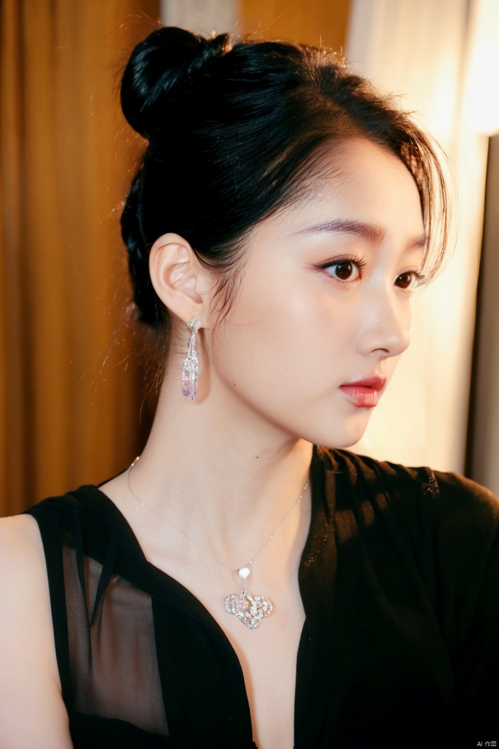  1girl, solo, black hair, dress, brown eyes, jewelry, upper body, ponytail, necklace, lips, parody, realistic,( chiaroscuro,Fujicolor, UHD, super detail ,raw,85mm,f/1.2,FujifilmXT4,),