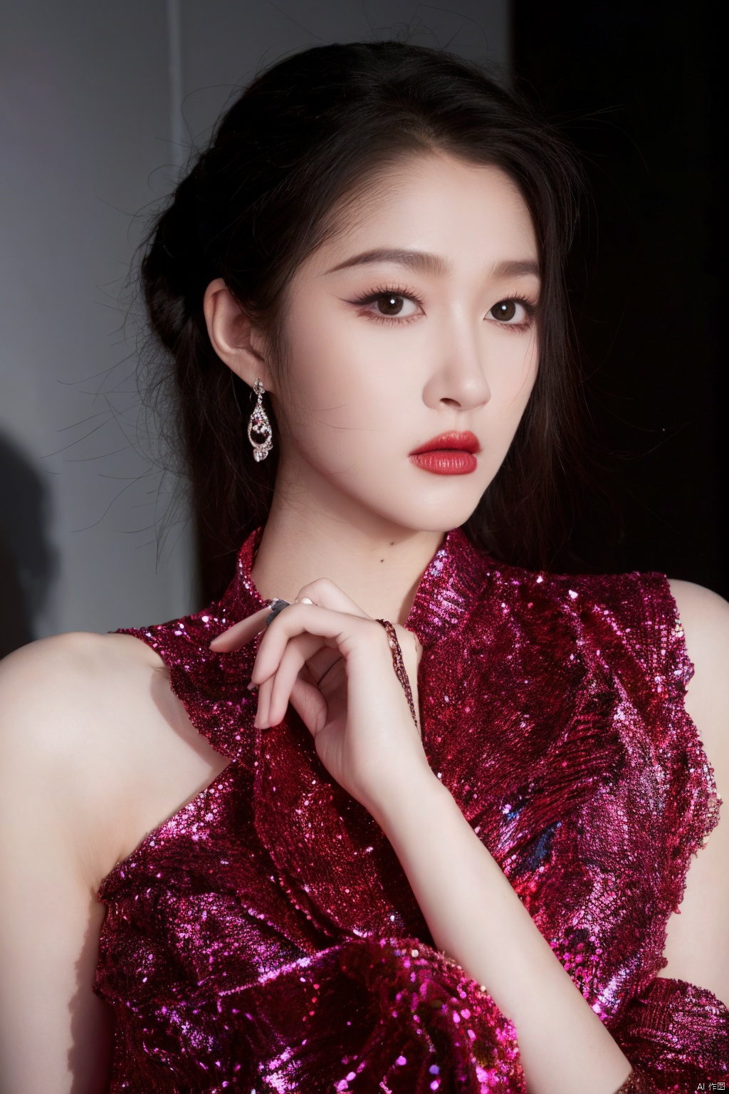  Surrealist beauty photo, a beautiful woman wearing complex and detailed colored clothes and future jewelry, low cut.