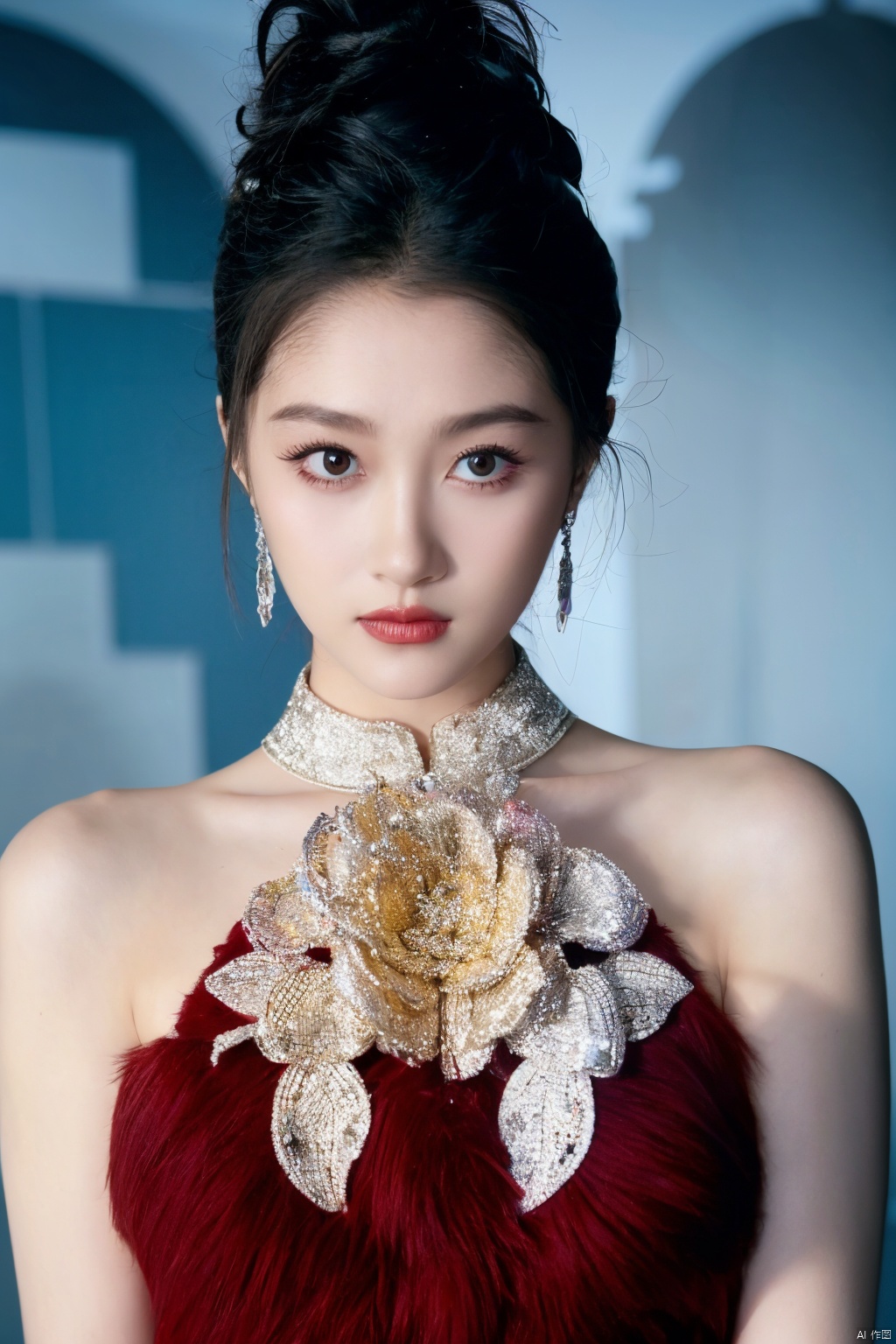  Surrealist beauty photo, a beautiful woman wearing complex and detailed colored clothes and future jewelry, low cut.