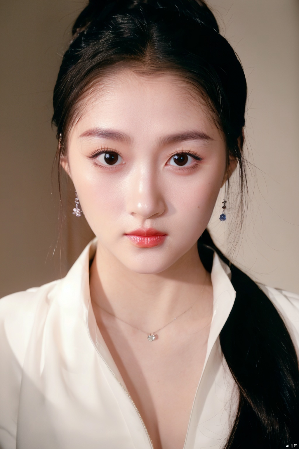 1girl, solo, black hair, dress, brown eyes, jewelry, upper body, ponytail, necklace, lips, parody, realistic,( chiaroscuro,Fujicolor, UHD, super detail ,raw,85mm,f/1.2,FujifilmXT4,),