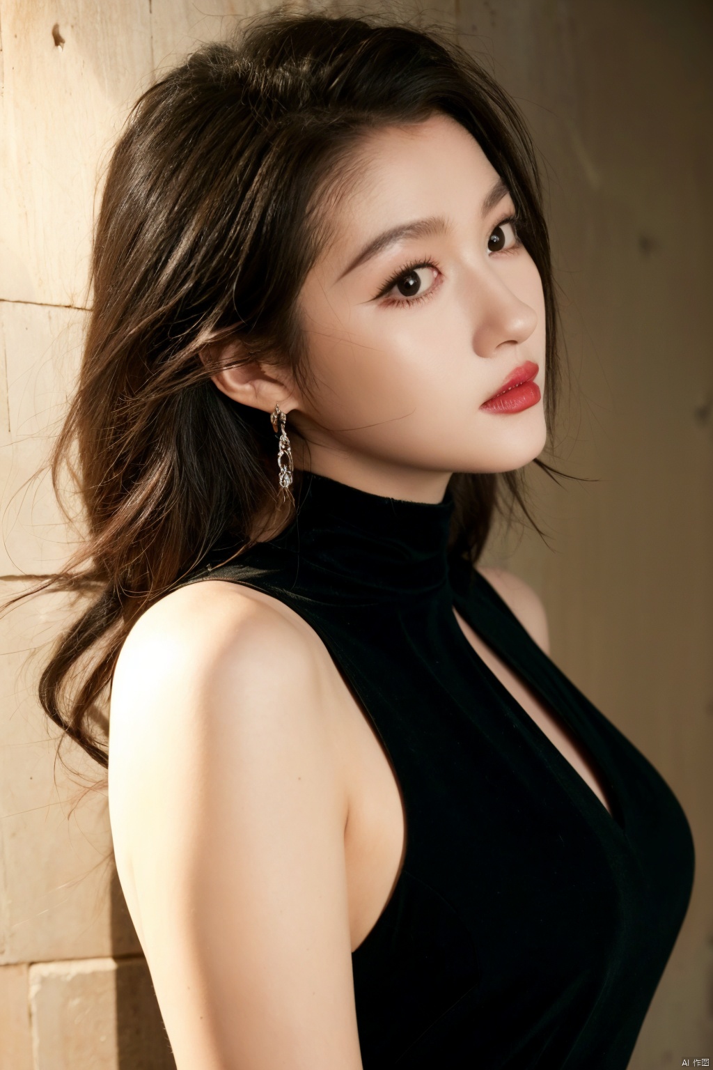  Surrealist beauty photo, a beautiful woman wearing complex and detailed colored clothes and future jewelry, low cut.