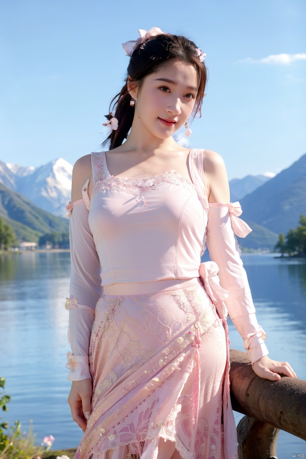  4k, photo, realistic, best quality,highres, ultra-detailed,ultra high res,((photorealistic, 8K)),from above, upper body, (face me),(big breasts:0.8),(beauty **** girl:1.6), (black hair), middle breasts, **** face,twin tails, smile, aqua_eyes, (fair skin), tender skin, big breasts,(pink ribbon around neck:1.5), standing,(owe blue Hanfu lace long skirt:1.2), Under the peach blossom tree, mountains and rivers in the distance, 