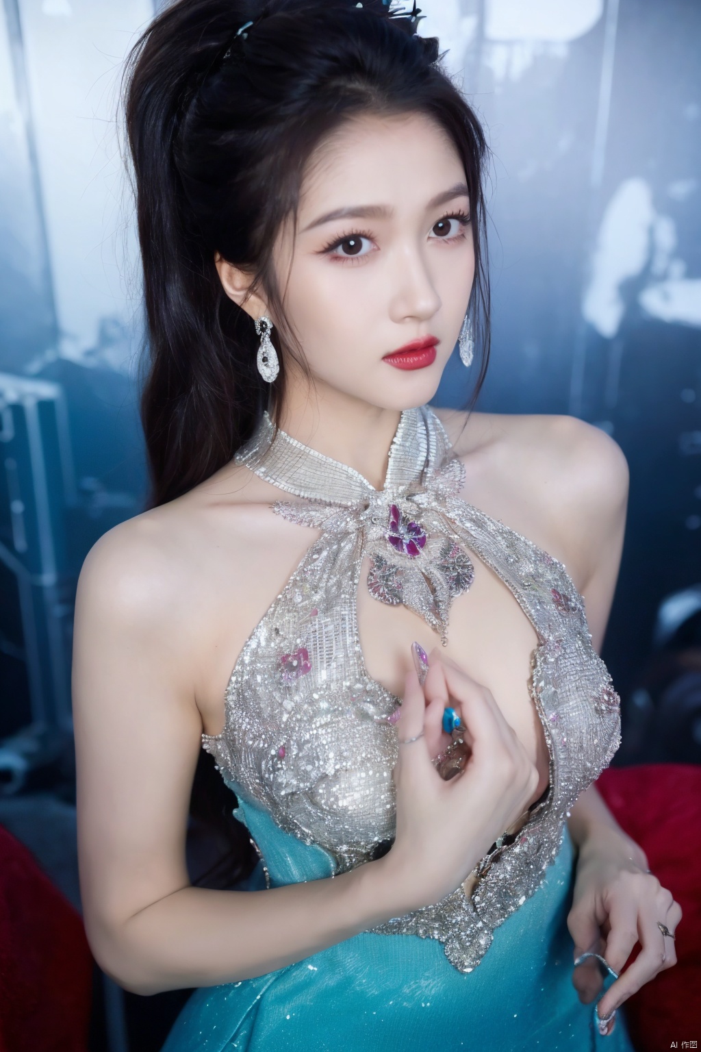  Surrealist beauty photo, a beautiful woman wearing complex and detailed colored clothes and future jewelry, low cut.