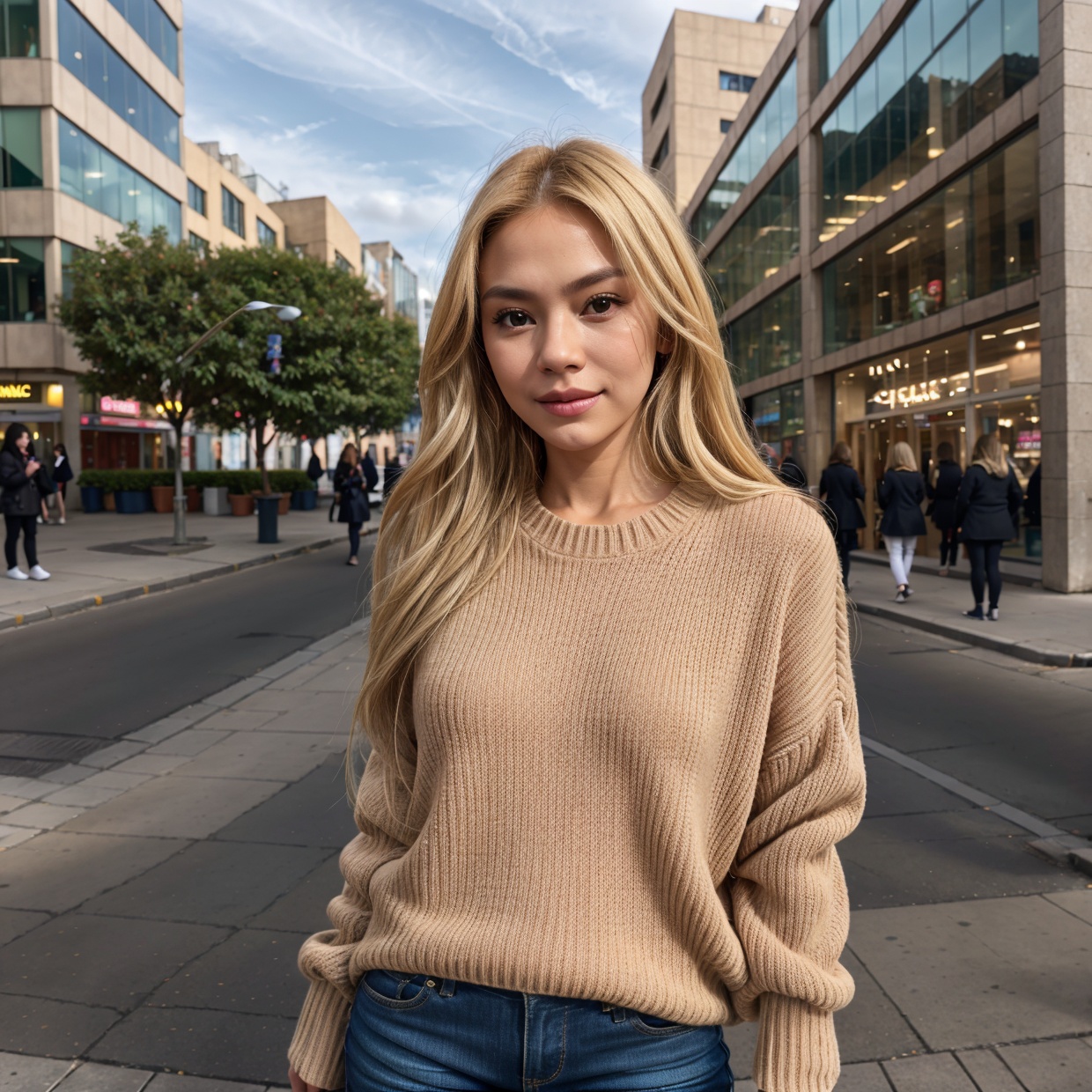 Portrait of a model woman with blond hair in a warm designer sweater,  in the style of branded clothing,  With the sweater...