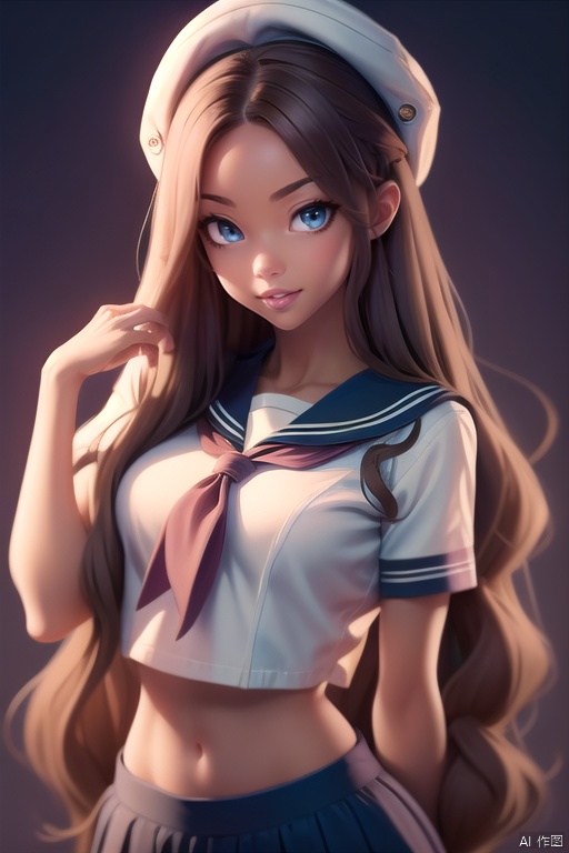 heimeivvv, 1girl, solo, smile,long hair, looking at viewer, hat, crop top, school uniform, midriff, navel, parted lips, sailor collar, serafuku, upper body, short sleeves, blue eyes, breasts, brown hair, neckerchief, lips