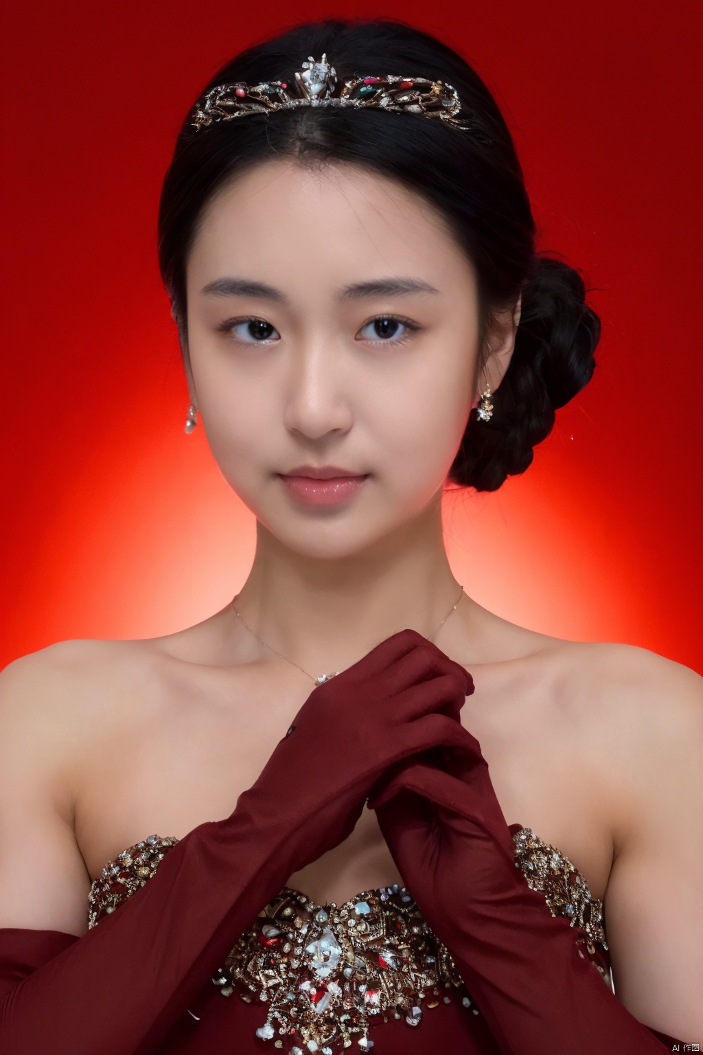 1girl, solo, black hair, hair ornament, gloves, dress, bare shoulders, jewelry,  upper body, earrings, elbow gloves, necklace, red gloves, realistic, heart hand,( chiaroscuro,Fujicolor, UHD, super detail ,raw,85mm,f/1.2,FujifilmXT4,)