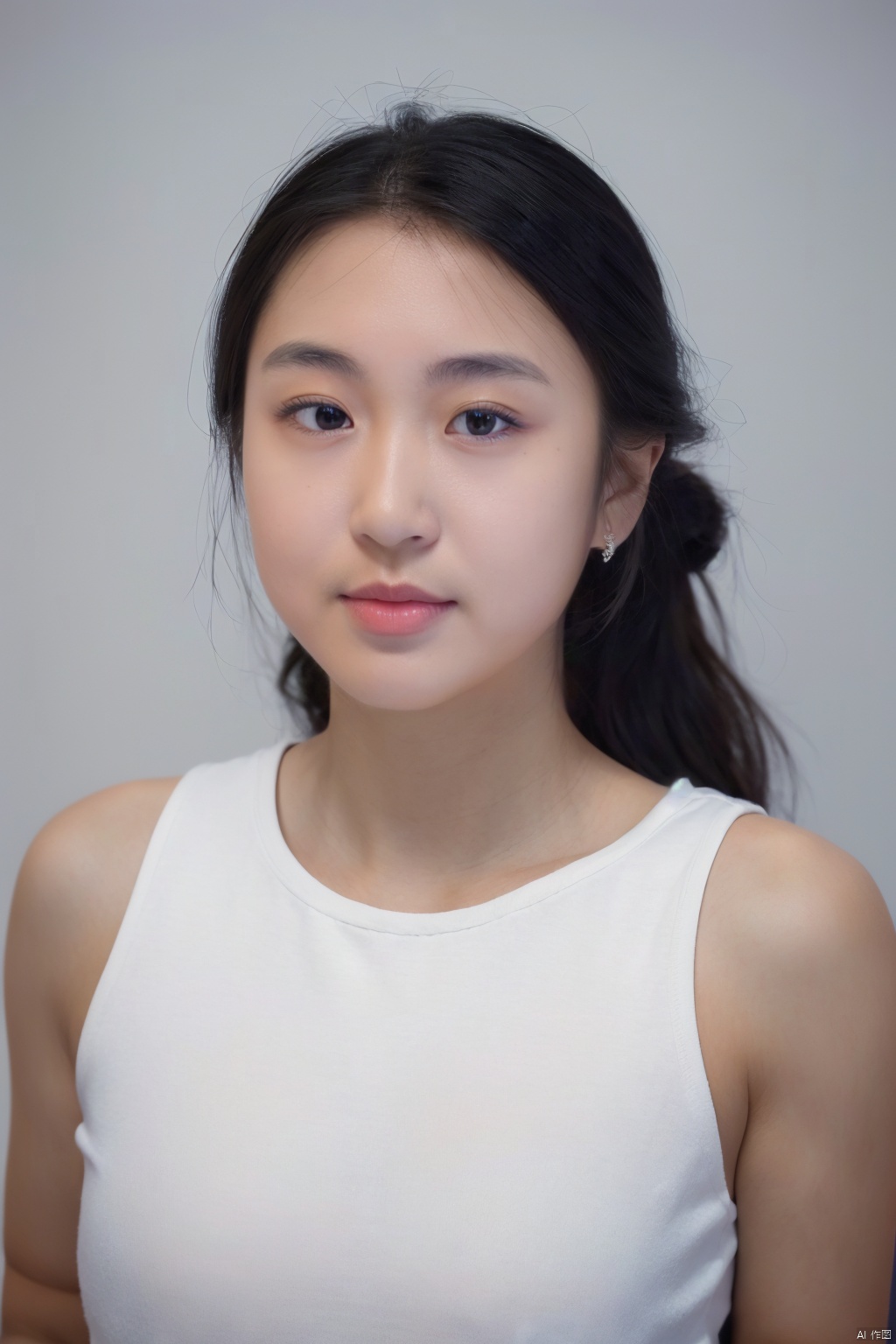  1girl, earrings, solo, jewelry, realistic, upper_body, long_hair, lips, sleeveless, black_eyes, nose, looking_at_viewer, shirt,White background( chiaroscuro,Fujicolor, UHD, super detail ,raw,85mm,f/1.2,FujifilmXT4,)