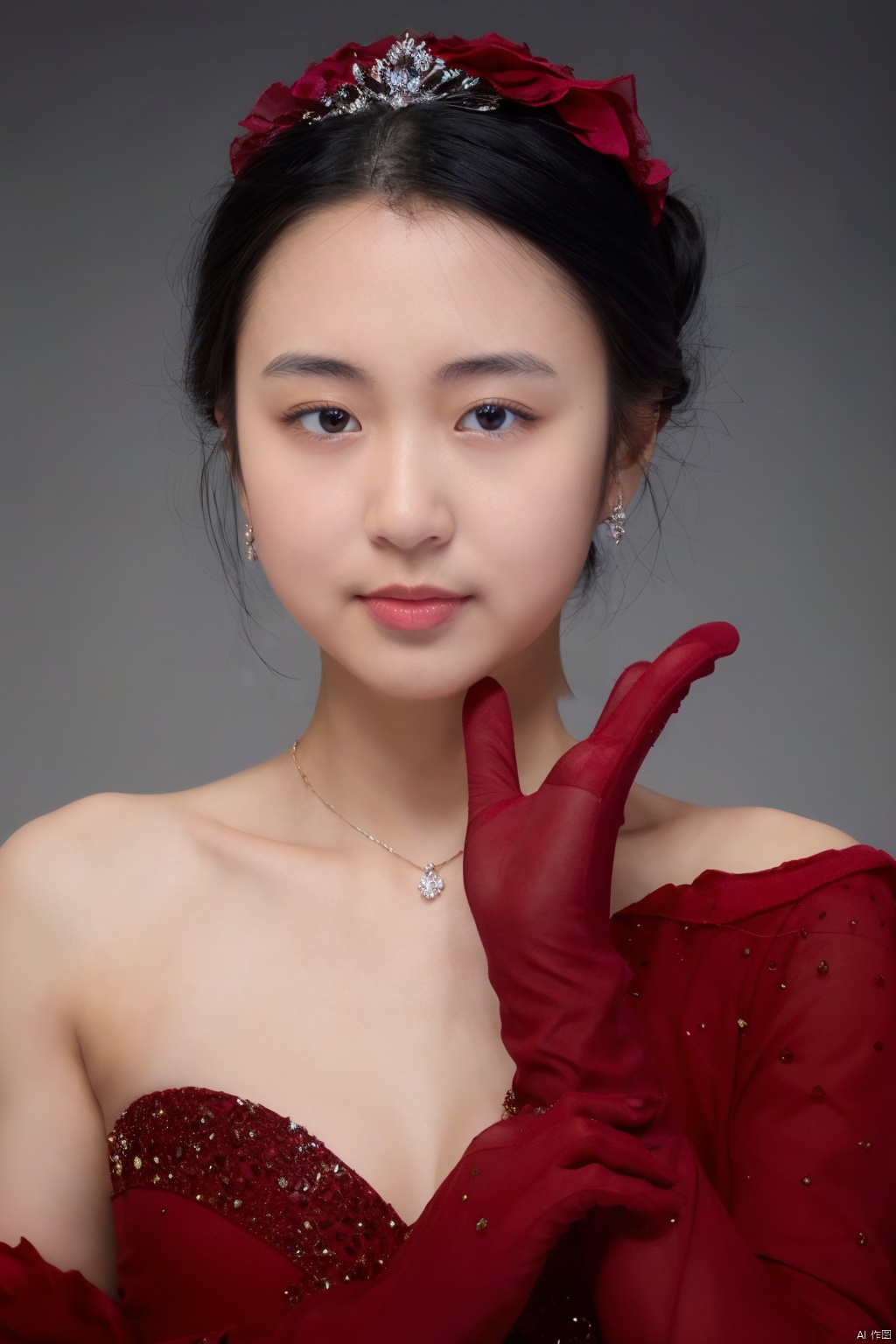  1girl, solo, black hair, hair ornament, gloves, dress, bare shoulders, jewelry, upper body, earrings, elbow gloves, necklace, red gloves, realistic,( chiaroscuro,Fujicolor, UHD, super detail ,raw,85mm,f/1.2,FujifilmXT4,)