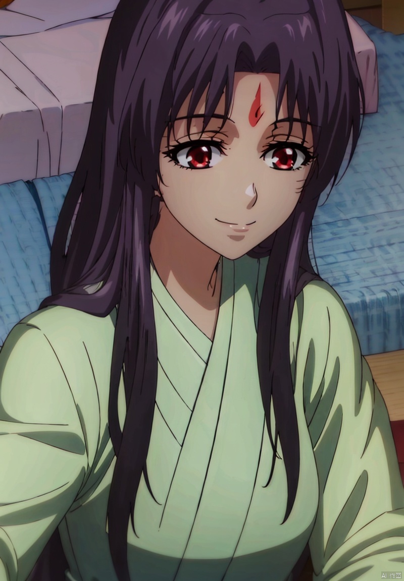 1girl, solo, long hair, smile, black hair, red eyes, japanese clothes, kimono, bed, facial mark, forehead mark, anime coloring