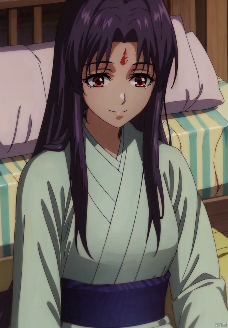 1girl, solo, long hair, smile, black hair, red eyes, japanese clothes, kimono, bed, facial mark, forehead mark, anime coloring