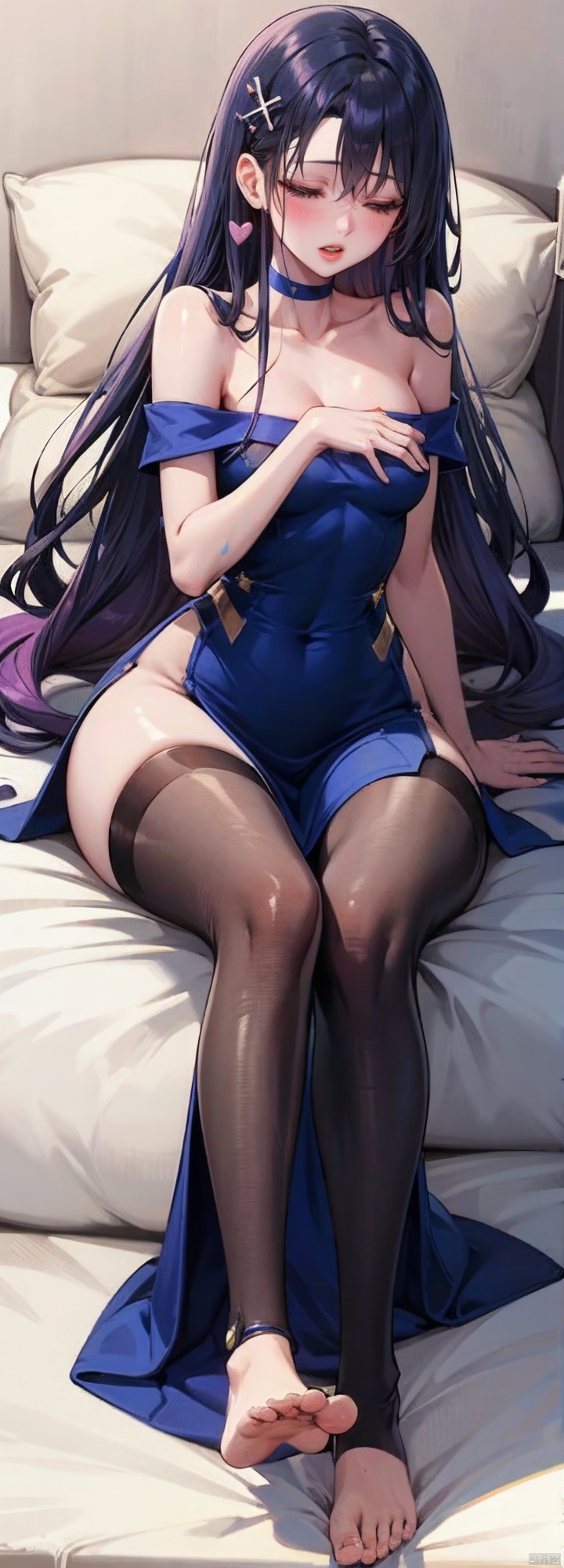  (best quality), ((masterpiece)), (highres), petite, loli, solo, heart, puffy short sleeves, long hair, off shoulder, bangs, hair ornament, ,rainbow gradient, x hair ornament, looking at viewer, very long hair, blush, smile, bare shoulders, collarbone,, lie in bed,gradient sweater, hair between closed eyes, asleep,zukong,a pair of foot,a foot with 5 toes,a pair of hands,five fingers in one hand, ((cyborg dress and mechanic elements)), MATURE FEMALE