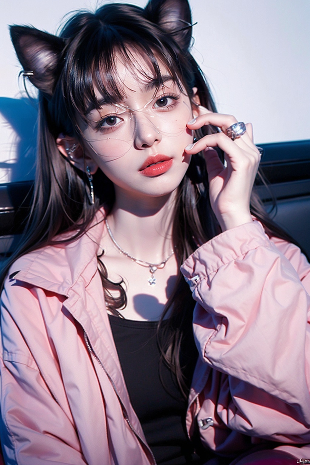 (masterpiece:1.2), (best quality:1.2),(high quality:1.2),(realistic:1.2), (photorealistic:1.2) ,(official art:1.2),(extremely detailed:1.2),1girl, solo, long hair, looking at viewer, bangs, shirt, black hair, long sleeves, animal ears, jewelry, jacket, tail, upper body, earrings, parted lips, glasses, artist name, cat ears, necklace, nail polish, lips, cat tail, piercing, sunglasses, ring, cat girl, ear piercing, motor vehicle, hand on own face, round eyewear, pink jacket, multiple rings



, 1girl
