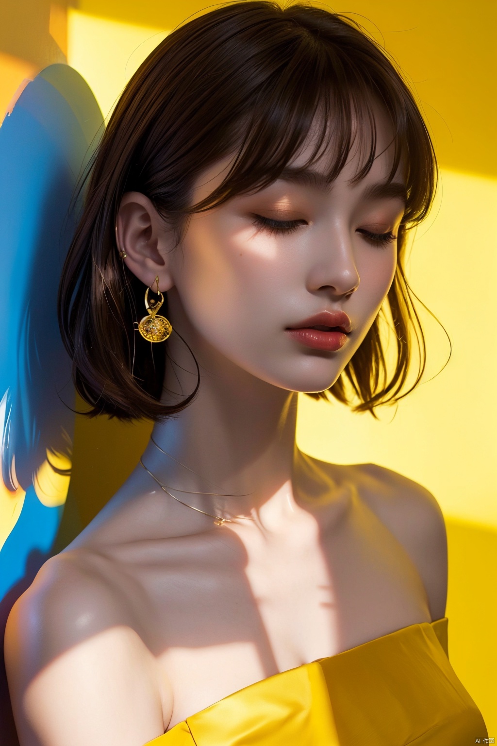 (masterpiece:1.2), (best quality:1.2),(high quality:1.2),(realistic:1.2), (photorealistic:1.2) ,(official art:1.2),(extremely detailed:1.2),1girl, solo, short hair, bangs, brown hair, bare shoulders, jewelry, closed mouth, closed eyes, upper body, earrings, blunt bangs, lips, eyelashes, shadow, sunlight, yellow background, realistic


