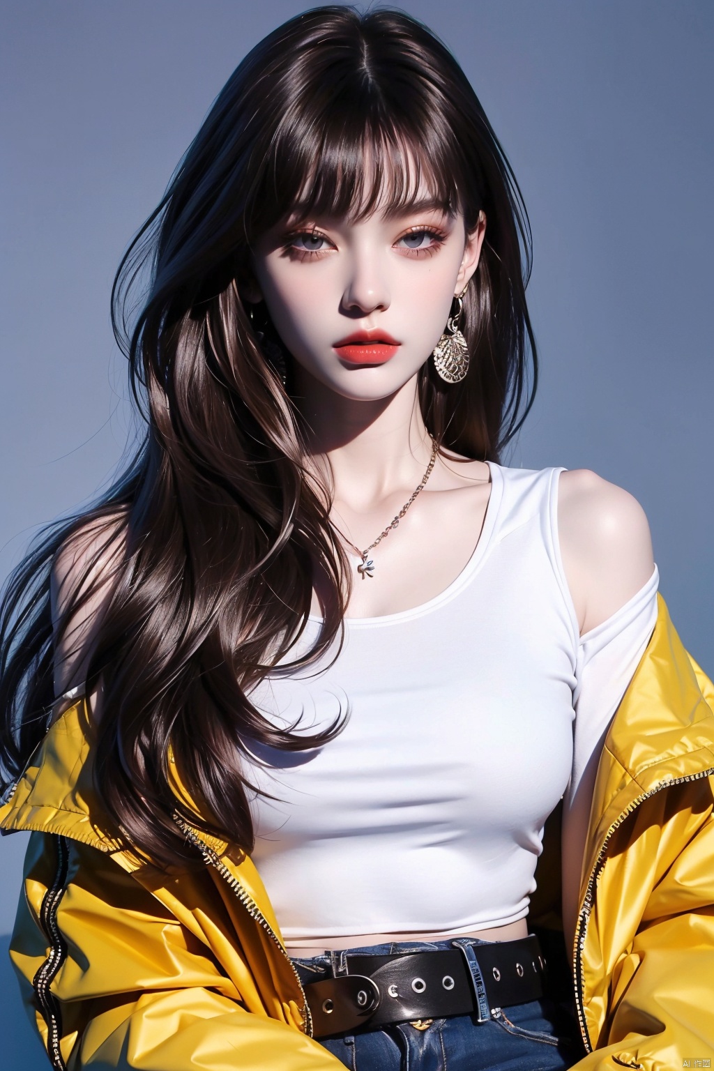(masterpiece:1.2), (best quality:1.2),(high quality:1.2),(realistic:1.2), (photorealistic:1.2) ,(official art:1.2),(extremely detailed:1.2),1girl, solo, long hair, looking at viewer, bangs, brown hair, shirt, jewelry, jacket, white shirt, upper body, earrings, belt, necklace, off shoulder, lips, black jacket, eyelashes, **** top, purple background, red lips

