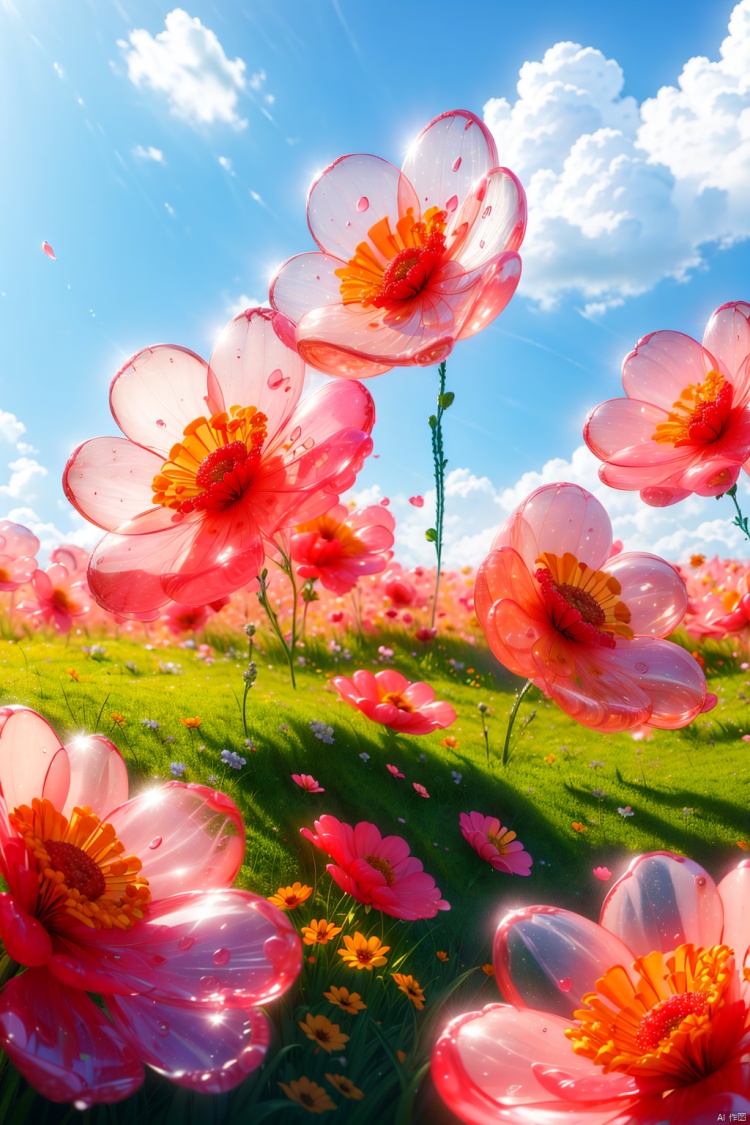 Lipstick, Clouds, sky, Depth of Field, Field, flowers, Green grass, hibiscus, leaves, orange flowers, outdoor, petals, pink flowers, plants, Sky, White flowers, Yellow flowers, products, posters, Masterpieces, HD, 16k, best quality