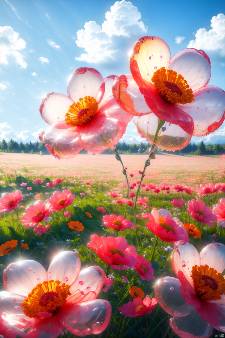 Clouds, sky, depth of field, fields, flowers, green grass, hibiscus, leaves, orange flowers, outdoors, petals, pink flowers, plants, sky, white flowers, yellow flowers, products